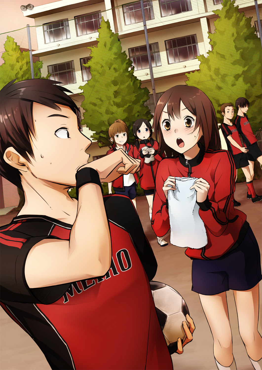 3girls :&lt; :o ball blue_eyes blue_hair blush brown_hair building eye_contact grin gym_shorts gym_uniform hands highres looking_at_another matsuda_suzuri multiple_boys multiple_girls open_mouth original parted_lips short_hair shorts shy side_ponytail smile soccer_ball soccer_uniform towel track_jacket twintails walking wiping_face wristband yellow_eyes
