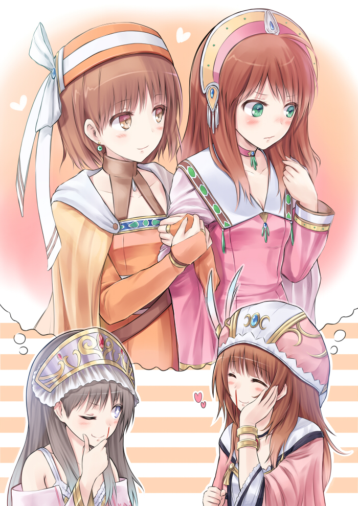 4girls ^_^ adjusting_hair ahoge arm_hug atelier_(series) atelier_elie_alchemist_of_salburg_2 atelier_rorona atelier_totori atelier_viorate_alchemist_of_gramnad_2 bangs bare_shoulders belt black_hair blood blue_eyes blush bow bracelet breasts bridal_gauntlets brown_eyes brown_hair bust cape chin_stroking choker cleavage closed_eyes collarbone detached_sleeves dress earrings eisel_weimar elfir_traum elie embarrassed eyes_closed fingerless_gloves fingernails flat_chest frills gem gloves gradient gradient_background gradient_hair green_eyes grey_hair gust hand_on_own_face hand_to_chin hat headdress heart imagining jewelry long_fingernails long_hair looking_away multicolored_hair multiple_girls nosebleed orange_eyes payot pendant ribbon rororina_fryxell short_hair smile striped striped_background suzushiro_yukari symbol-shaped_pupils thought_bubble tiara totooria_helmold turtleneck wide_sleeves wink yuri