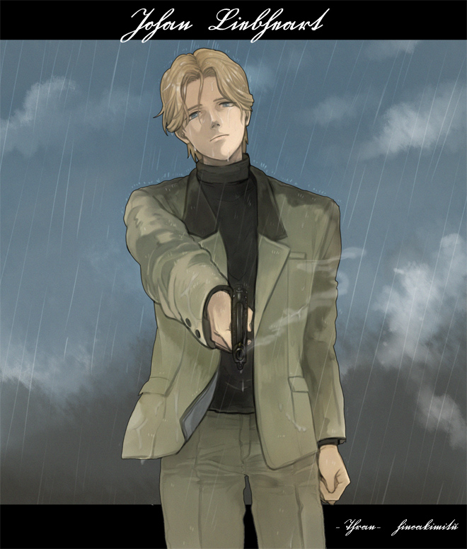 blonde_hair blue_eyes cloud coat formal gun handgun johan_liebert male monster_(manga) rain smoke solo suit turtleneck weapon wet