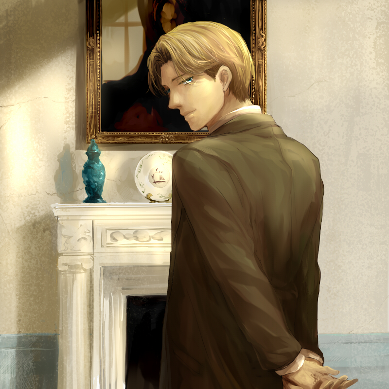 arms_behind_back blonde_hair blue_eyes coat fireplace formal from_behind johan_liebert looking_back male monster_(manga) painting plate smile solo suit