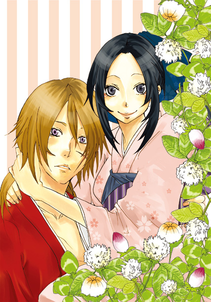 1girl couple flower hands himura_kenshin hug japanese_clothes kamiya_kaoru kimono long_hair ponytail reico rurouni_kenshin smile