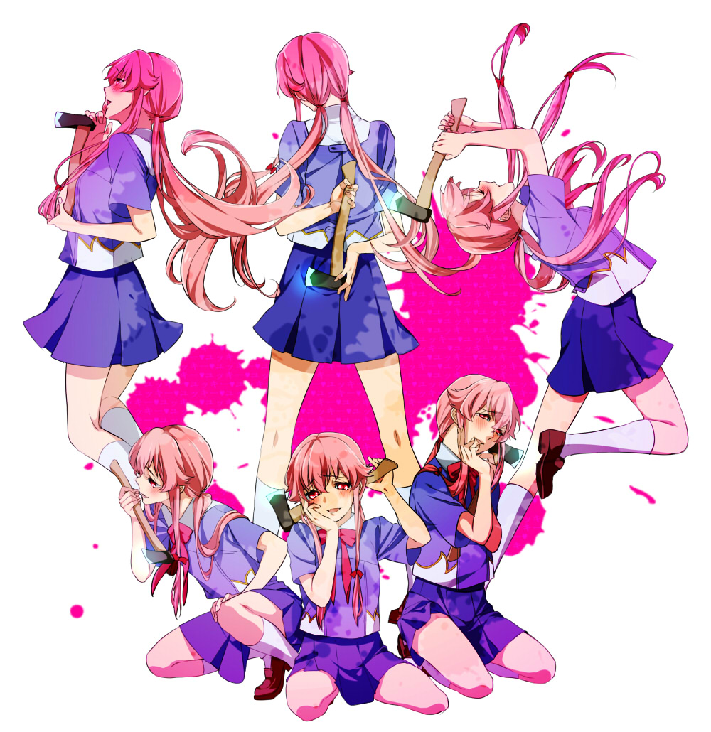 axe blush footwear gasai_yuno hand_on_own_cheek hand_on_own_face long_hair mirai_nikki multiple_girls multiple_persona o_v_dell obachin paint_splatter pink_hair red_eyes school_uniform skirt smile socks solo twintails weapon yandere