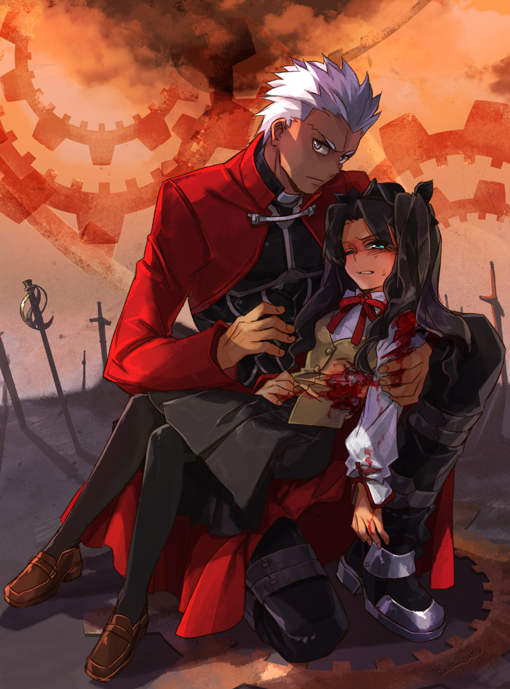 1girl archer bad_id black_hair blood blue_eyes dark_skin empew fate/stay_night fate_(series) gears grey_eyes hair_ribbon height_difference highres injury ribbon school_uniform tohsaka_rin toosaka_rin twintails two_side_up unlimited_blade_works white_hair wince