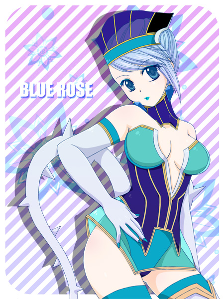 bad_id bare_shoulders blue_eyes blue_hair blue_nails blue_rose_(tiger_&amp;_bunny) breasts cleavage earrings elbow_gloves fingernails fingernails_over_gloves gloves hat jewelry karina_lyle lipstick makeup short_hair solo superhero tako991974 thigh-highs thighhighs tiger_&amp;_bunny