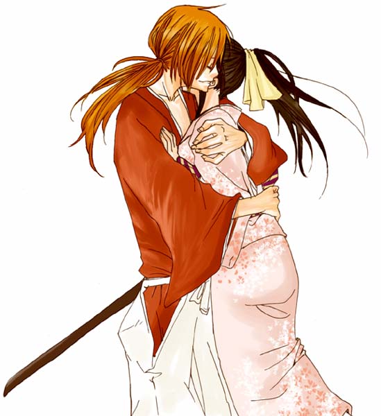 1girl couple hakama himura_kenshin hug japanese_clothes kamiya_kaoru kimono long_hair ponytail reico rurouni_kenshin samurai simple_background white_background
