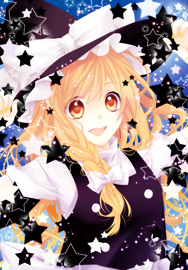 :d adjusting_hat bangs blonde_hair bow braid bust buttons hair_ribbon hat hat_bow hat_ribbon kanae_(aab) kirisame_marisa long_hair nail_polish open_mouth ribbon side_braid single_braid smile solo star touhou witch witch_hat yellow_eyes