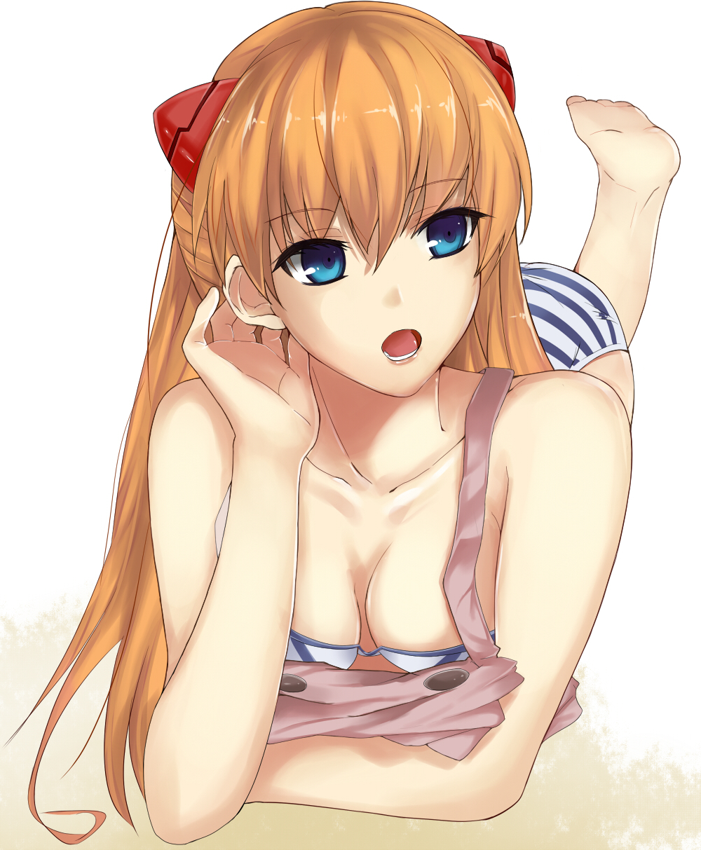 barefoot blue_eyes breasts collarbone evangelion:_2.0_you_can_(not)_advance highres iro_(sekaixiro) long_hair neon_genesis_evangelion open_mouth orange_hair panties rebuild_of_evangelion shikinami_asuka_langley solo soryu_asuka_langley souryuu_asuka_langley striped striped_panties underwear