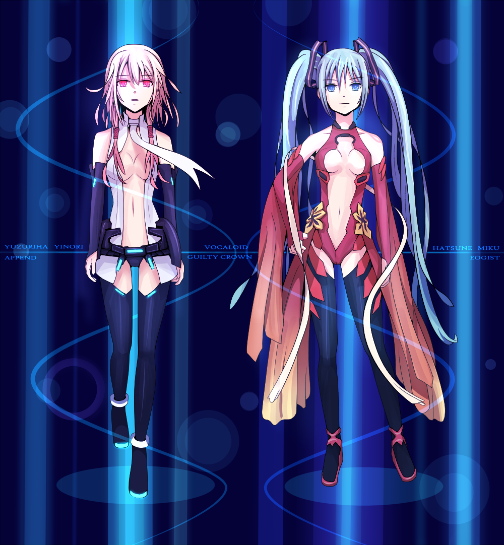 aqua_eyes aqua_hair bad_id breasts cleavage cosplay costume_switch detached_sleeves elbow_gloves gloves guilty_crown hatsune_miku hatsune_miku_(append) langjiao long_hair miku_append miku_append_(cosplay) multiple_girls navel necktie pink_hair red_eyes twintails very_long_hair vocaloid vocaloid_append yuzuriha_inori yuzuriha_inori_(cosplay)