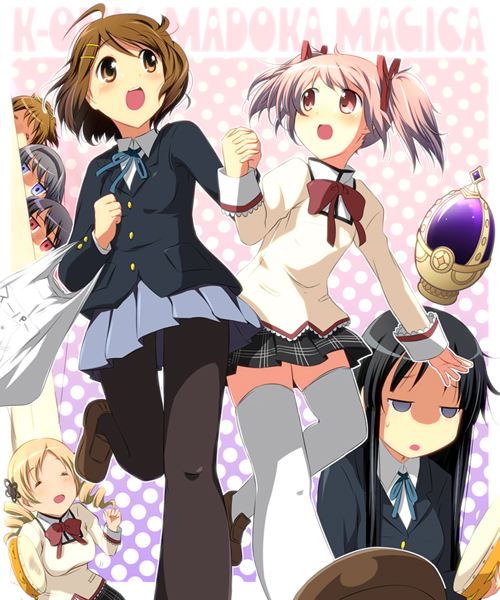 akiyama_mio brown_eyes brown_hair crossover hirasawa_ui hirasawa_yui instrument k-on! kaname_madoka kyubey mahou_shoujo_madoka_magica nakano_azusa nanashiwan pantyhose perspective pink_hair red_eyes school_uniform short_hair soul_gem tambourine tomoe_mami twintails