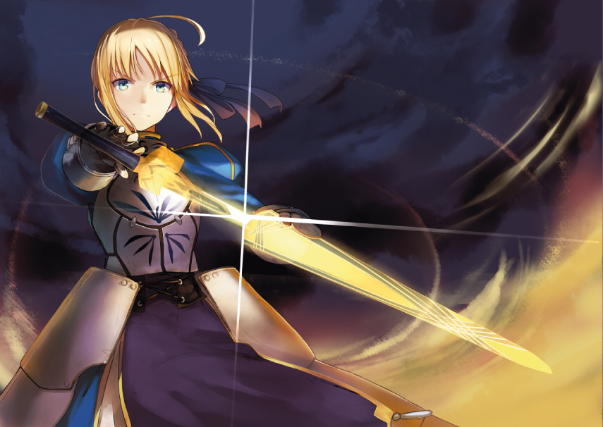 ahoge armor armored_dress blonde_hair blue_eyes breastplate dress excalibur fate/stay_night fate/zero fate_(series) faulds frown gauntlets glowing glowing_sword glowing_weapon hair_ribbon juliet_sleeves lens_flare long_sleeves looking_at_viewer puffy_shoulders_long_sleeves puffy_sleeves ribbon saber sheath shirabi_(life-is-free) short_hair solo sword unsheathing weapon wind