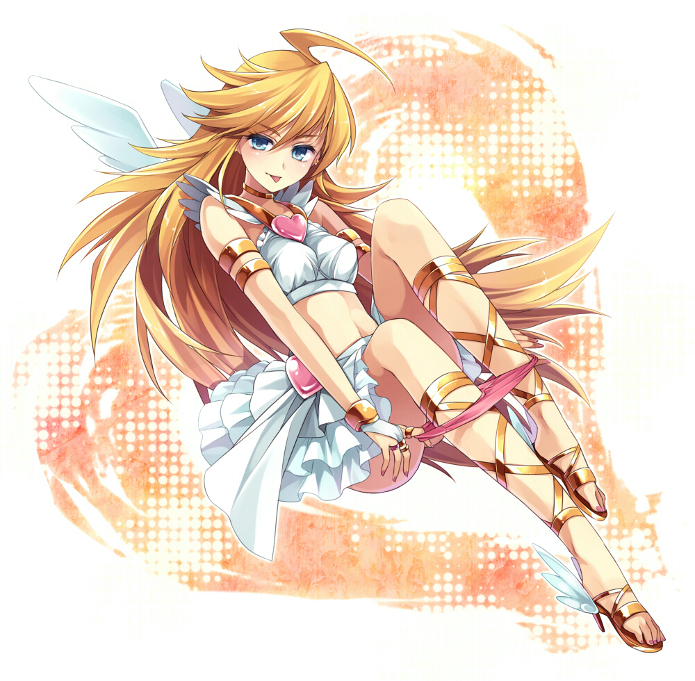 :p ahoge alternate_costume angel_wings ankle_lace-up armlet bare_shoulders blonde_hair blue_eyes bridal_gauntlets choker crop_top cross-laced_footwear frilled_skirt hagiwara_rin heart high_heels jewelry long_hair midriff nail_polish panties panty_&amp;_stocking_with_garterbelt panty_(character) panty_(psg) panty_pull ring shoes skirt sleeveless smile solo toenail_polish tongue underwear wings