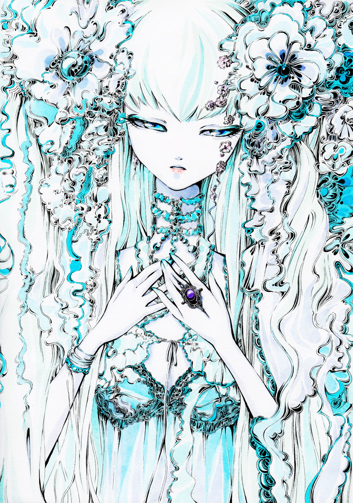 ballpoint_pen_(medium) blue_eyes charmal color_ink_(medium) copyright_request green_hair jewelry long_hair nail_polish ribbon ring sad solo traditional_media