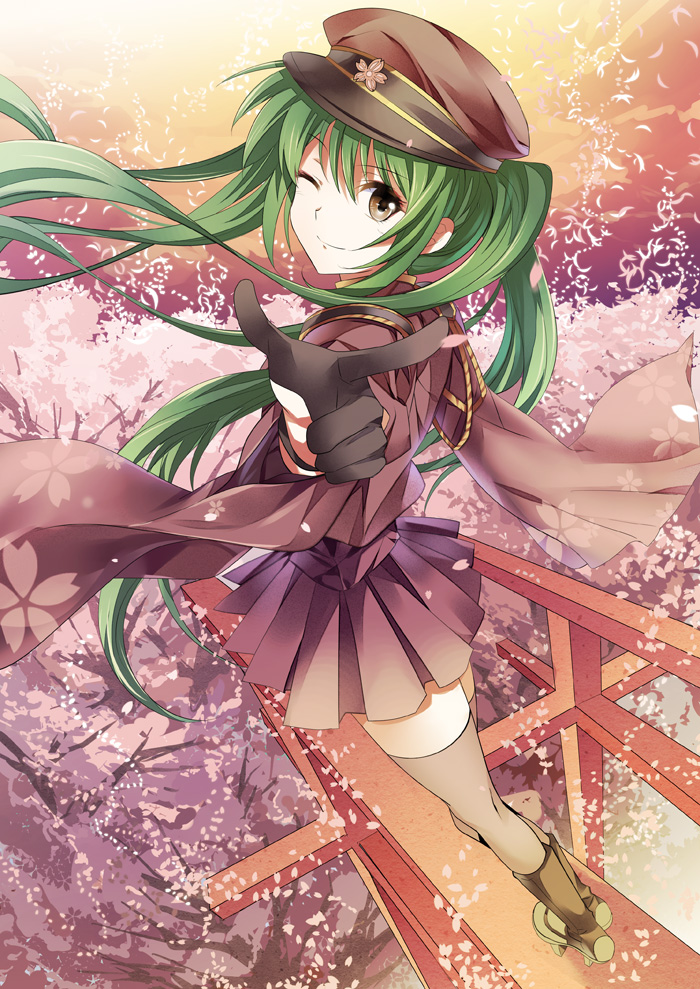 brown_eyes green_hair hat hatsune_miku japanese_clothes long_hair looking_back peaked_cap petals pico_(picollector79) pointing senbon-zakura_(vocaloid) skirt smile solo standing standing_on_object thigh-highs thighhighs torii twintails vocaloid wink zettai_ryouiki