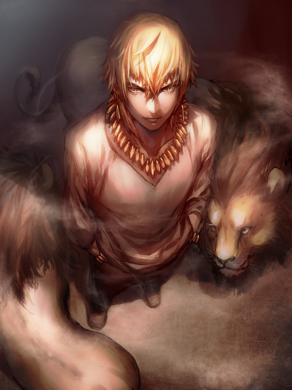 blonde_hair bracelet casual earrings fate/stay_night fate/zero fate_(series) gilgamesh jewelry kitsunen_(kitune_n) kitunen lion lions male necklace perspective red_eyes short_hair