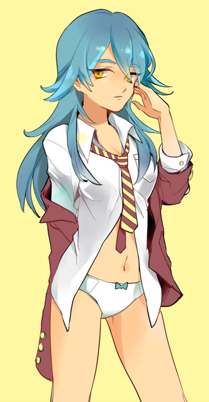 blue_hair bottomless chuong genderswap inazuma_eleven inazuma_eleven_(series) inazuma_eleven_go jacket kariya_masaki long_hair navel necktie panties shirt simple_background solo underwear yellow_background yellow_eyes