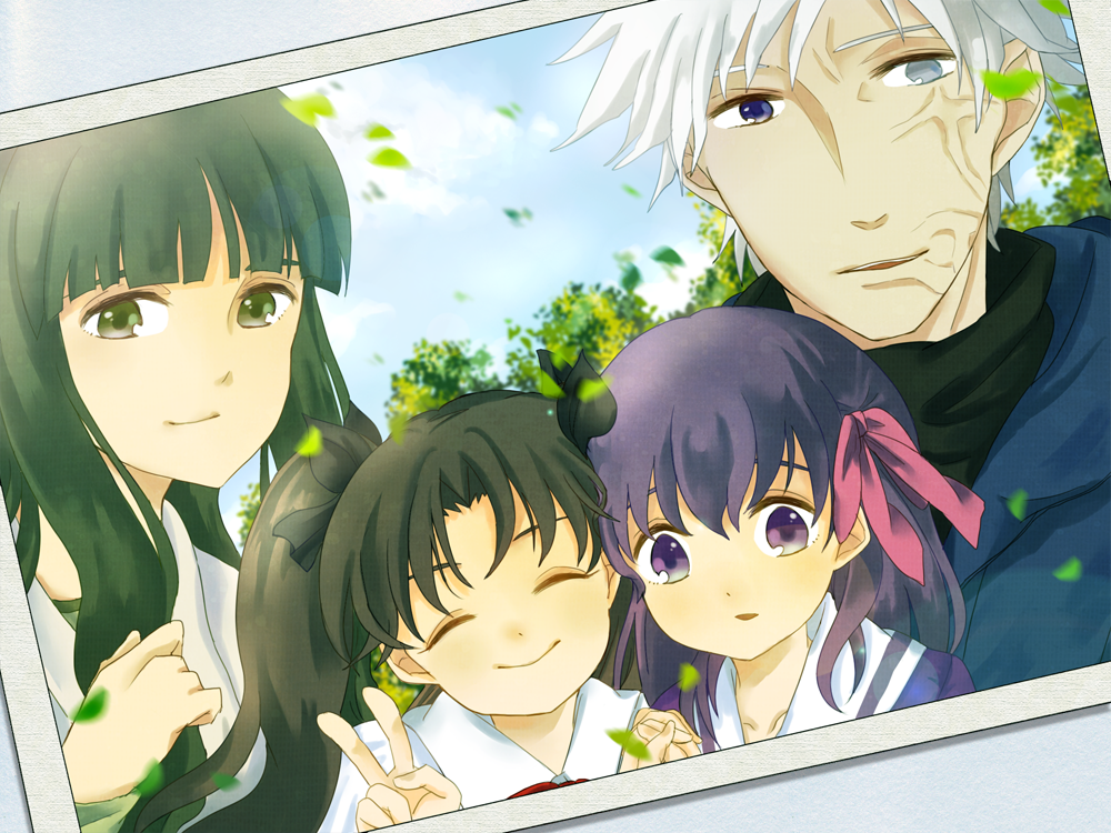 1boy 3girls ^_^ age_difference blue_eyes brown_hair closed_eyes eyes_closed family green_eyes green_hair grey_eyes hair_ribbon haruto_(artist) heterochromia hoodie matou_kariya matou_sakura mother_and_daughter multiple_girls photo_(object) purple_eyes purple_hair ribbon scar siblings sisters tohsaka_aoi tohsaka_rin toosaka_aoi toosaka_rin twintails two_side_up violet_eyes white_hair