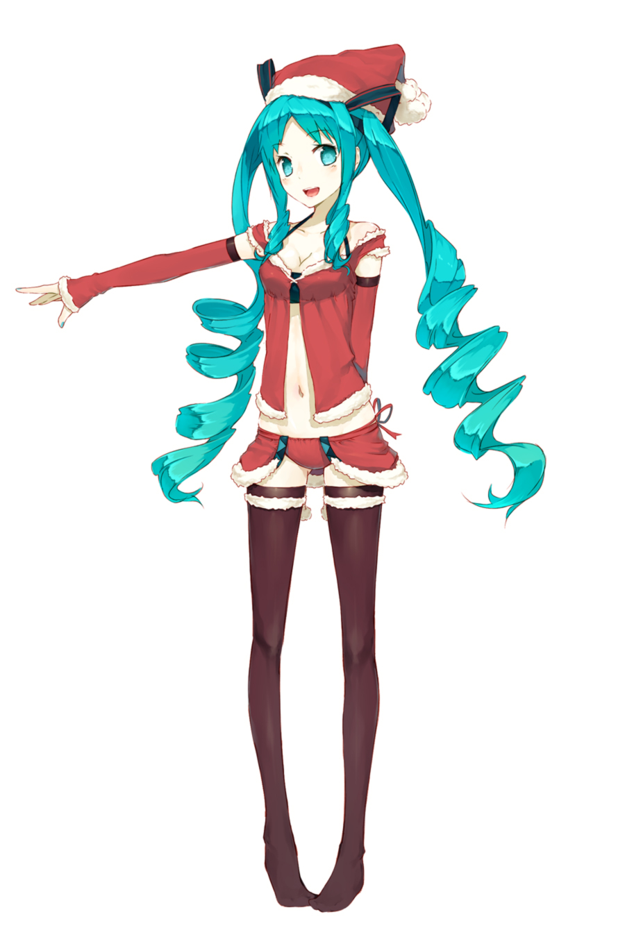 ako_(nedm) aqua_eyes aqua_hair detached_sleeves drill_hair hat hatsune_miku highres long_hair midriff nail_polish navel open_mouth outstretched_arm pigeon-toed pigeon_toed santa_costume santa_hat simple_background solo thigh-highs thighhighs twin_drills twintails very_long_hair vocaloid white_background