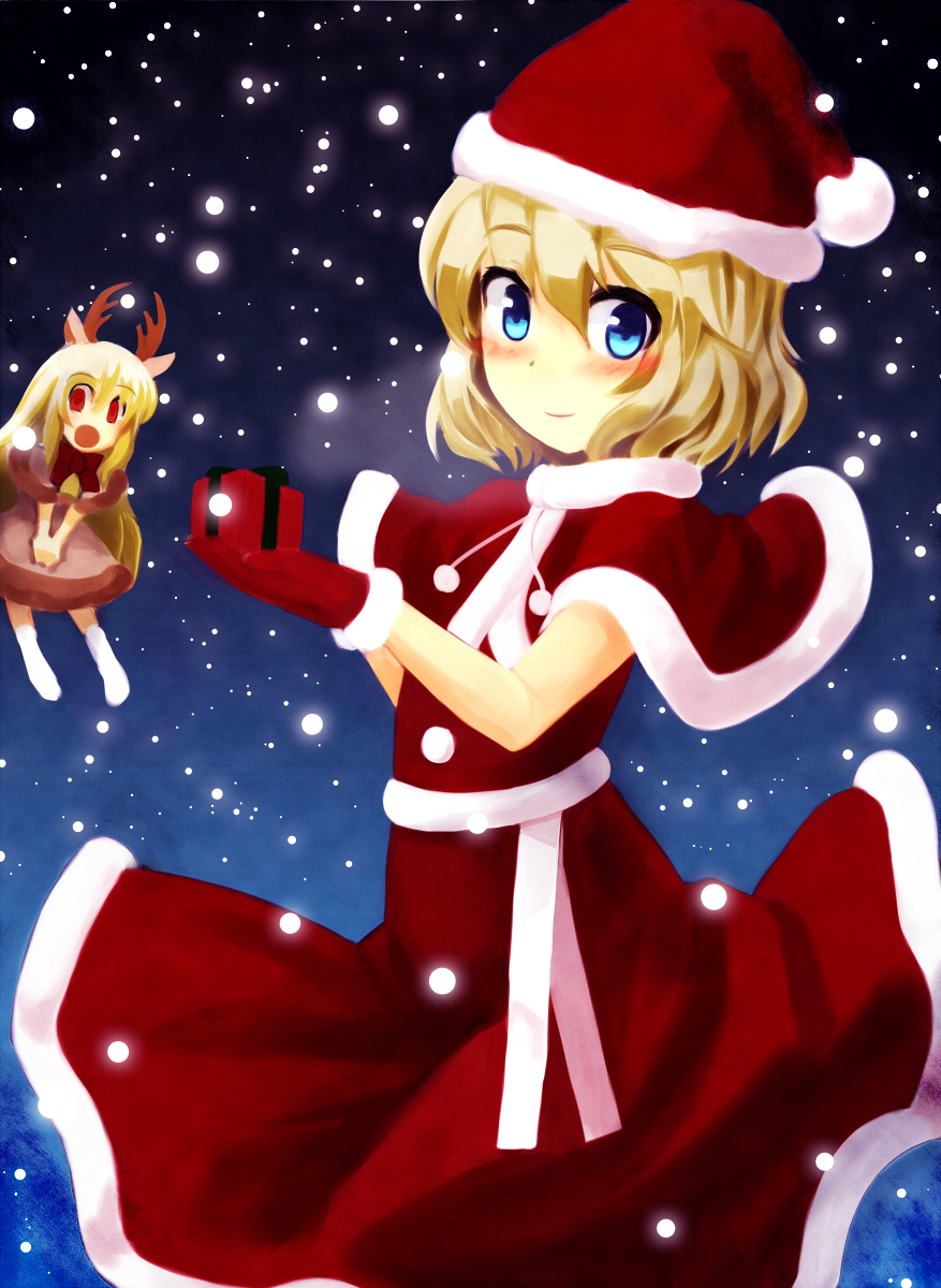 alice_margatroid alternate_costume blonde_hair blue_eyes blush box capelet doll gift gift_box hat highres horns ikmg matching_shanghai open_mouth red_eyes reindeer_antlers santa_costume santa_hat shanghai_doll smile snowing solo touhou