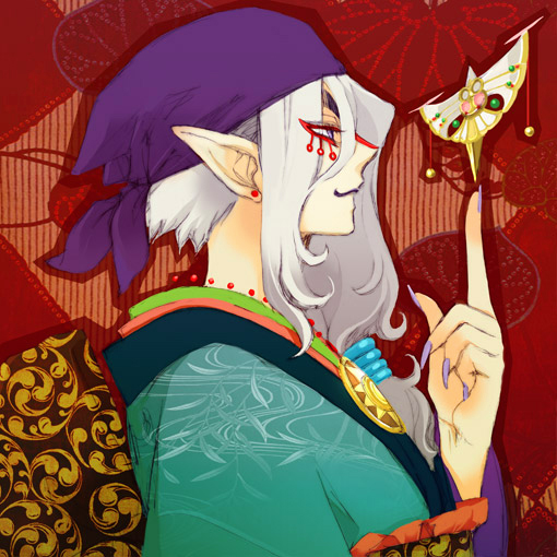 earrings facial_mark fingernails grey_hair headband japanese_clothes jewelry kumoya_yukio kusuriuri_(mononoke) long_fingernails long_hair male mask mononoke nail nail_polish pointy_ears profile purple_eyes purple_nails solo