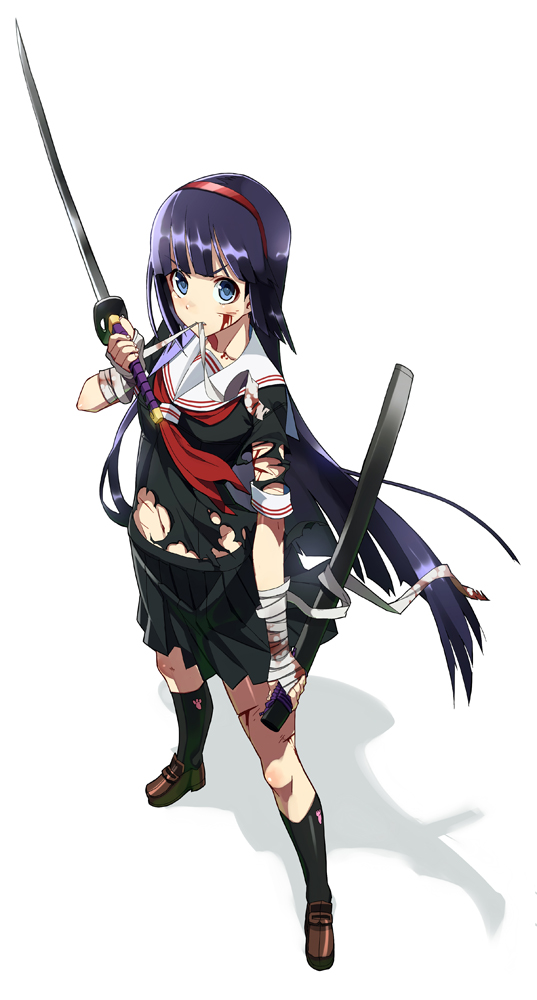 bandage bandages biting black_hair black_legwear bleeding blood blue_eyes cuts hairband holding injury is_ii katana kneehighs loafers long_hair looking_at_viewer navel original purple_hair school_uniform serafuku shadow sheath shoes simple_background skirt solo sword torn_clothes weapon white_background