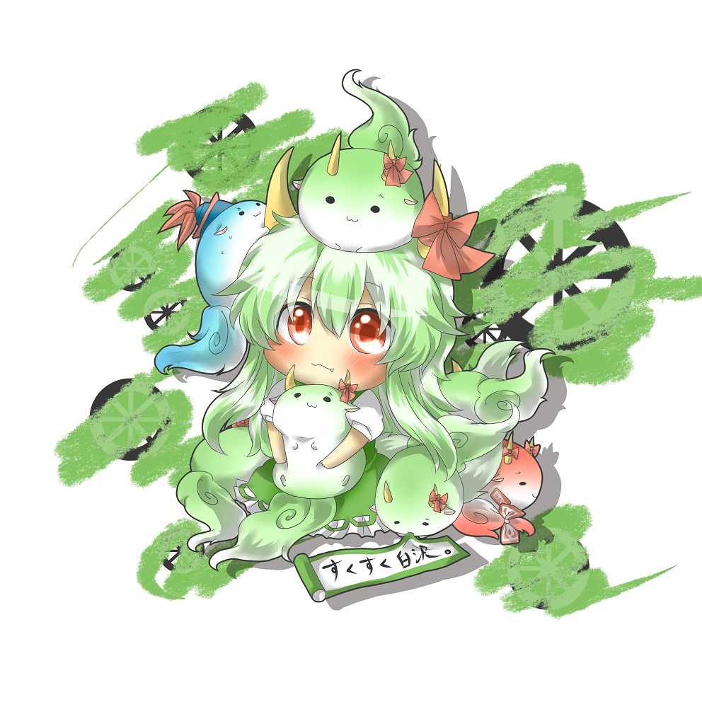 :3 blush chibi climbing dress eating ex-keine fang green_dress green_hair hakutaku hat horn_ribbon horns kamishirasawa_keine kamishirasawa_keine_(hakutaku) rebecca_(keinelove) rebecca_(naononakukoroni) red_eyes ribbon scroll sitting solo sukusuku_hakutaku touhou