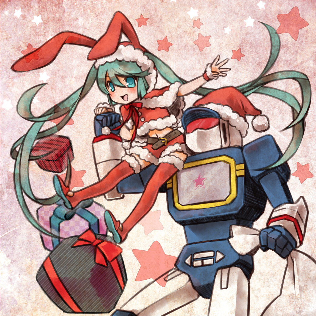 animal_ears belt blush bunny_ears christmas gift green_eyes green_hair hat hatsune_miku long_hair midriff navel outstretched_arm rkp santa_costume santa_hat skirt soundwave thigh-highs thighhighs transformers twintails very_long_hair vocaloid