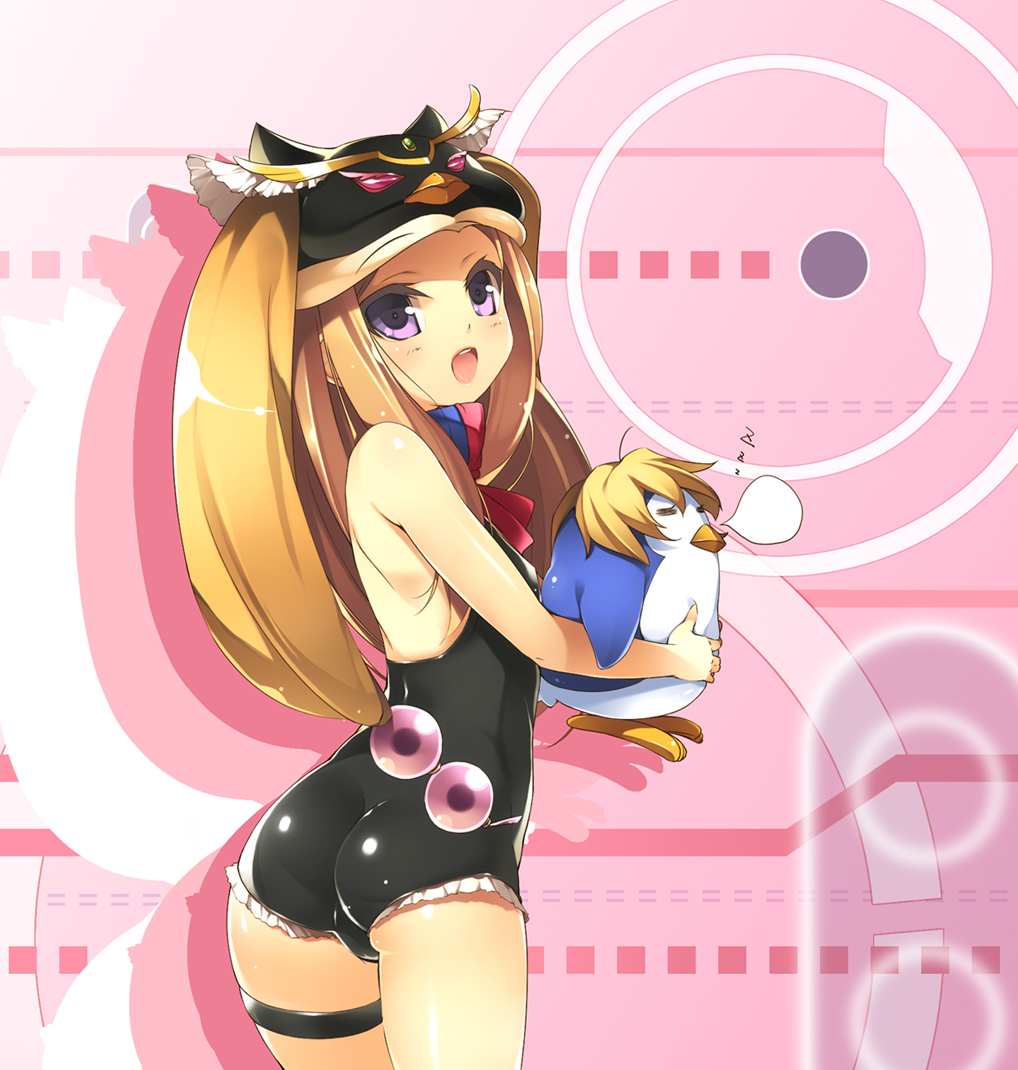 animal_hat ass bare_shoulders bird brown_hair closed_eyes eyes_closed from_behind hat holding leotard long_hair looking_at_viewer looking_back mawaru_penguindrum nekomu nose_bubble open_mouth penguin penguin_3-gou princess_of_the_crystal purple_eyes shiny shiny_clothes sleeping solo takakura_himari thigh_strap violet_eyes