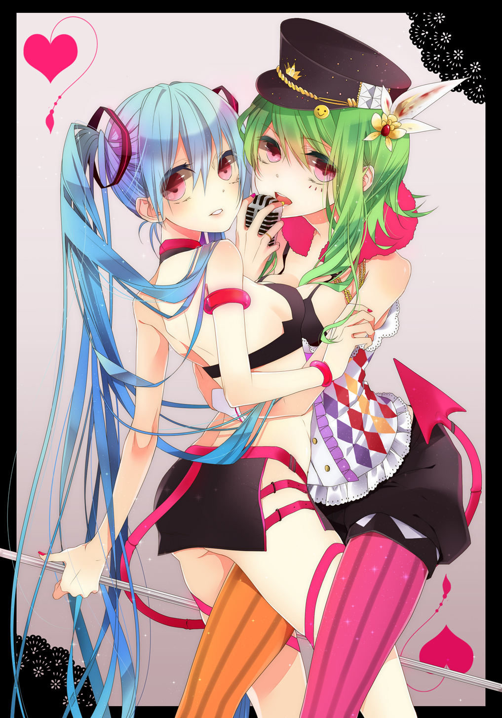 blue_hair breast_press breasts green_hair gumi hat hatsune_miku highres killer_lady_(song) killer_lady_(vocaloid) long_hair microphone mismatched_legwear multiple_girls nail_polish naoto_(tulip) pantyhose peaked_cap pink_eyes symmetrical_docking vertical-striped_legwear vertical_stripes very_long_hair vocaloid