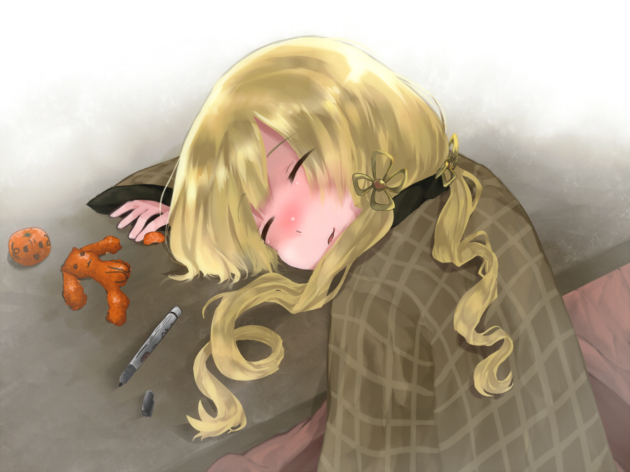 blonde_hair drill_hair food fruit hair_ornament kotatsu kyubey mahou_shoujo_madoka_magica mandarin_orange marker runamatu sleeping solo table tangerine tangerine_skin tomoe_mami