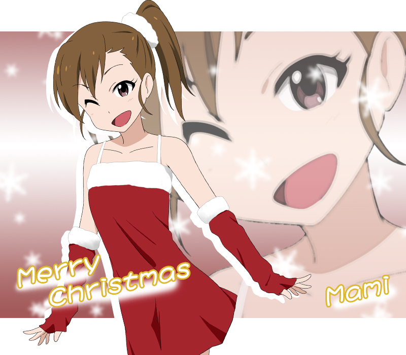 bare_shoulders brown_eyes brown_hair character_name christmas collarbone dress elbow_gloves fingerless_gloves futami_mami gloves idolmaster ikari_manatsu open_mouth santa_costume side_ponytail smile solo wink zoom_layer