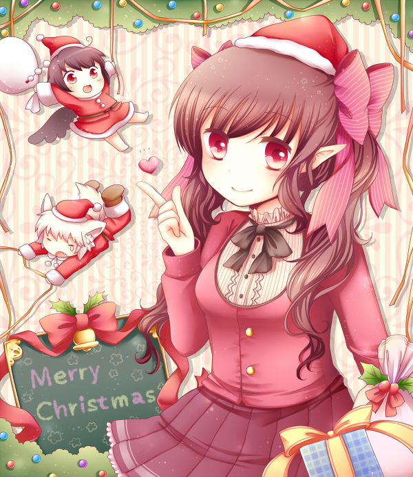 animal_ears bag bell belt black_hair black_legwear black_wings box brown_hair christmas closed_eyes eyes_closed fang gift gift_box hair_ribbon hat heart himekaidou_hatate inubashiri_momiji long_hair multiple_girls open_mouth pants pointy_ears red_eyes ribbon sanotsuki santa_costume santa_hat shameimaru_aya shirt short_hair silver_hair skirt smile tail tears touhou twintails wings wolf_ears wolf_tail