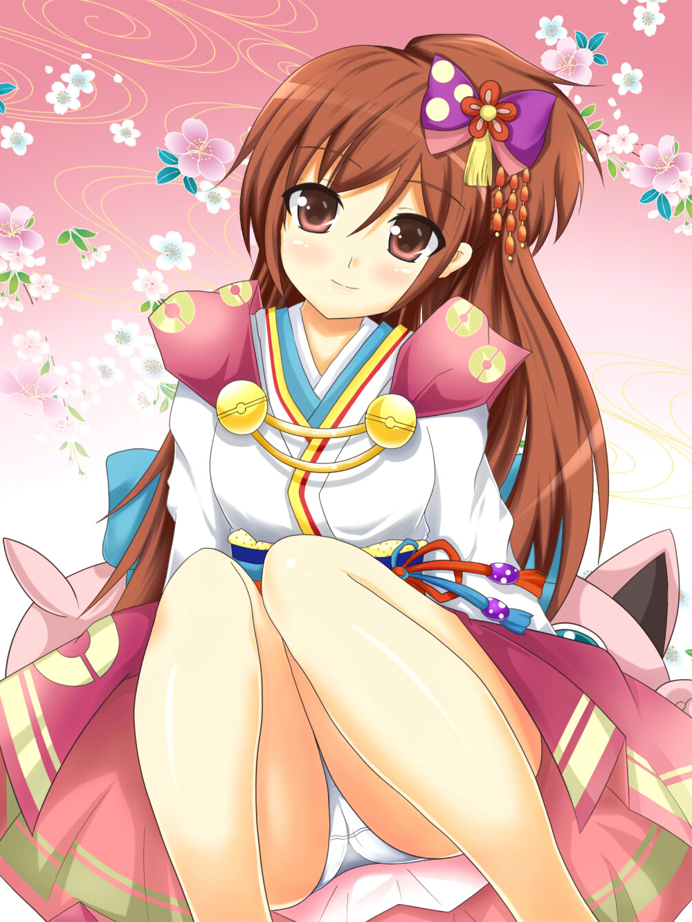 blush brown_eyes brown_hair crossover floral_background flower hair_between_eyes hair_ornament head_tilt highres jigglypuff jigglypuff_(cameo) nobunaga's_ambition nobunaga_no_yabou oichi oichi_(pokemon_+_nobunaga_no_yabou) oichi_(sengoku_musou) panties pantyshot pantyshot_(sitting) pantyshot_sitting payot pink_background poke_ball poke_ball_theme pokemon pokemon_(game) pokemon_+_nobunaga's_ambition pokemon_+_nobunaga_no_yabou rouru_(dekkaiotya) sengoku_musou sitting smile underwear white_panties