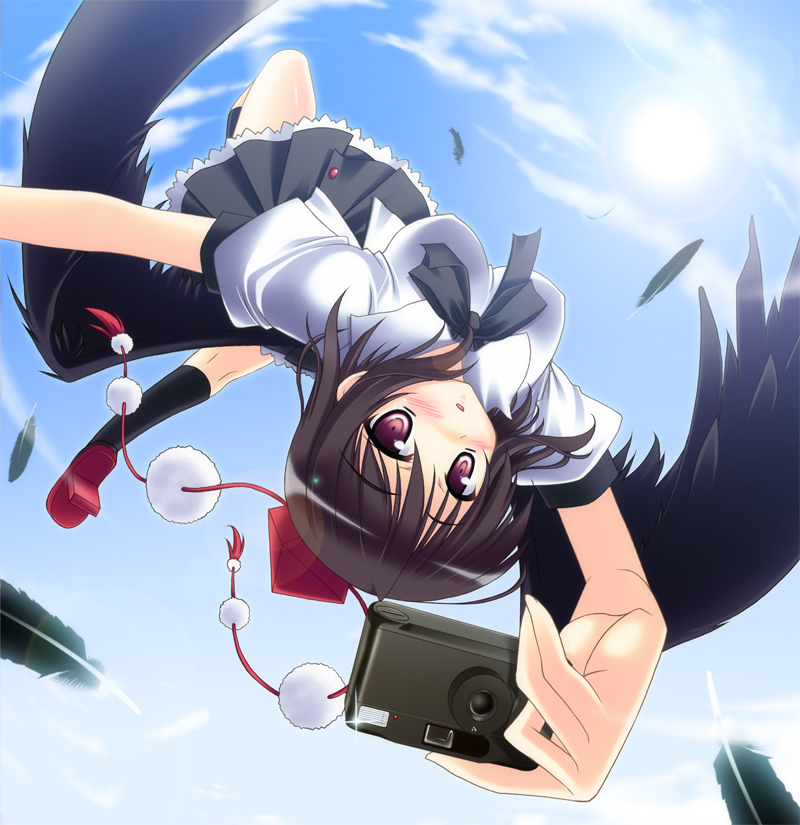 black_wings camera geta hat red_eyes shameimaru_aya short_hair skywaker solo somersault tengu-geta tokin_hat touhou upside-down wings