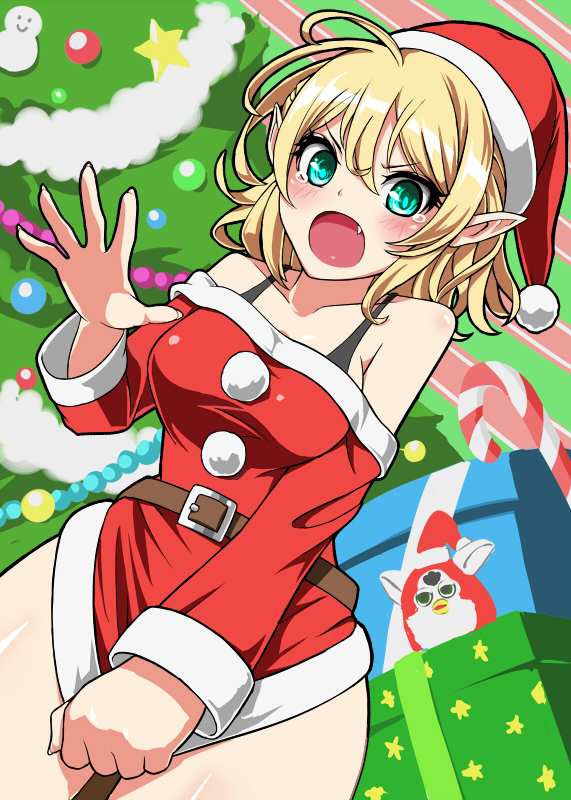 alternate_costume alternate_eye_color bare_shoulders belt blonde_hair blue_eyes blush box breasts candy christmas_ornaments christmas_tree doll embarrassed fang fuji_hyorone furby green_eyes hat mizuhashi_parsee open_hand open_mouth pointy_ears santa_costume santa_hat short_hair skirt skirt_tug solo strap tears touhou