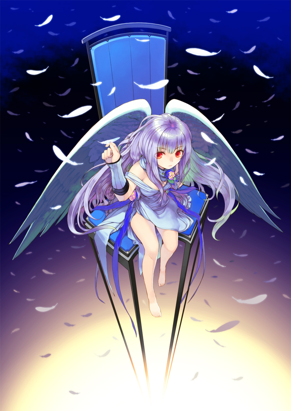 barefoot bottomless chair character_request copyright_request feathers highres kimura_daisuke purple_hair red_eyes sitting wings