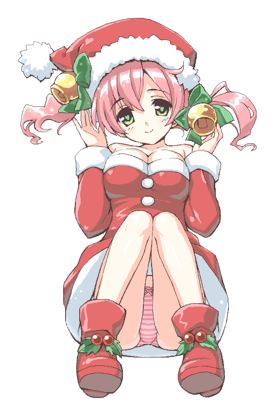 amano_yuu bare_shoulders bell breasts christmas cleavage dragon_knight greeb_eyes green_eyes hat heart heart-shaped_pupils large_breasts panties pantyshot pantyshot_(sitting) pantyshot_sitting pink_hair rough santa_costume santa_hat simple_background sitting smile solo striped striped_panties symbol-shaped_pupils twintails underwear white_background