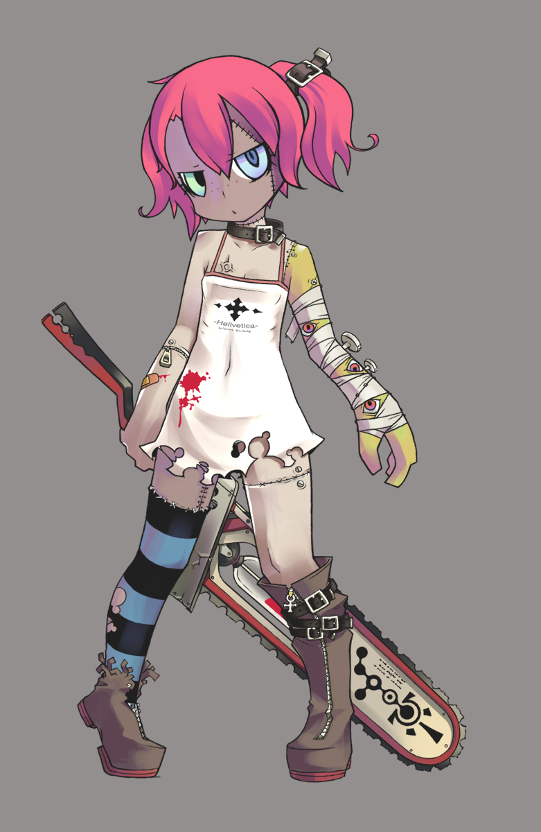 bandage bandages bandaid belt blood blue_eyes bolt bolts boots chainsaw collar dress female flat_chest freckles frown green_eyes grey_skin heterochromia highres monster_girl original pink_hair ponytail pori_(artist) pori_(pixiv) pori_(poritan81) red_hair redhead scar short_hair single_thighhigh solo stitched stitches striped striped_legwear striped_thighhighs sword tattoo thighhighs torn torn_clothes twintails weapon zipper zombie