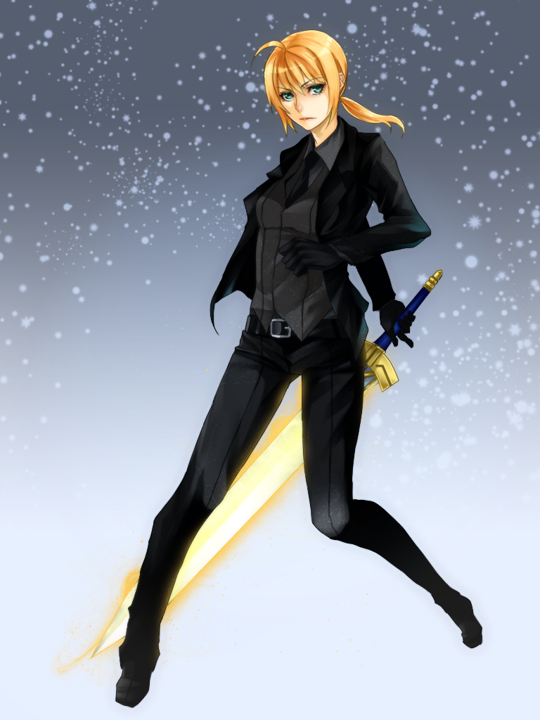 ahoge black_gloves blonde_hair excalibur fate/stay_night fate/zero fate_(series) formal gloves glowing glowing_sword glowing_weapon green_eyes long_hair necktie pant_suit ponytail saber sakichi6891 solo suit sword vest waistcoat weapon