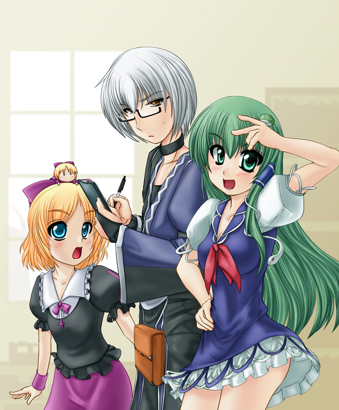 1boy 2girls alternate_color armband blonde_hair blouse blue_eyes bow breasts bridal_gauntlets cosplay cross doll_on_head dress frog_hair_ornament glasses green_eyes green_hair grey_background hair_bow hair_ornament hair_tubes hand_on_hip hand_on_own_head japanese_clothes kamishirasawa_keine kamishirasawa_keine_(cosplay) kirihane kochiya_sanae long_hair long_sleeves looking_at_another looking_at_viewer medicine_melancholy morichika_rinnosuke multiple_girls open_mouth pen puffy_short_sleeves puffy_sleeves semi-rimless_glasses short_hair short_sleeves silver_hair simple_background skirt snake su-san sweatdrop touhou under-rim_glasses v when_you_see_it wide_sleeves window wrist_cuffs yellow_eyes