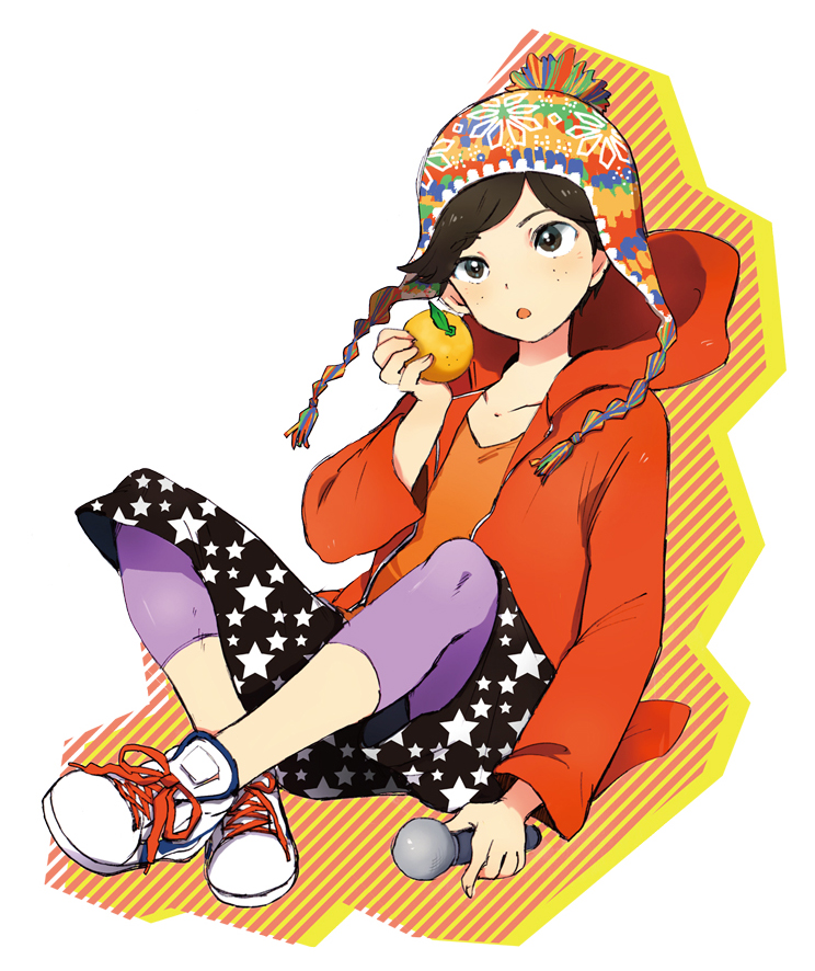 1girl food freckles fruit hat hoodie leggings microphone orange original shoes sitting sneakers solo star_print