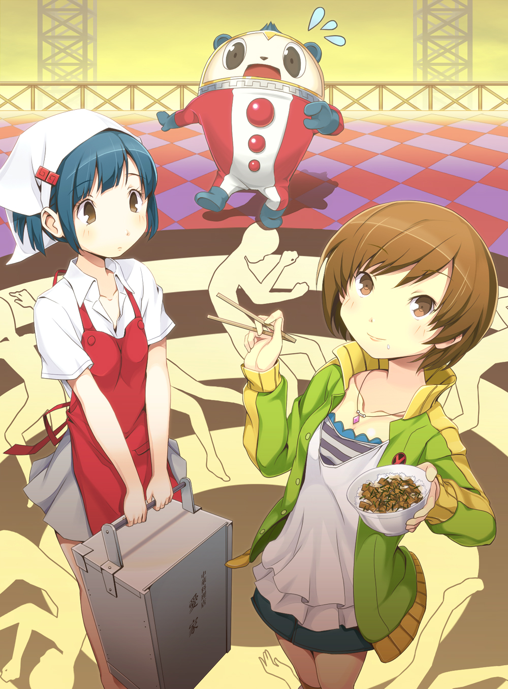 2girls blue_hair bowl brown_eyes brown_hair checkered checkered_floor chopsticks eating food food_delivery_box food_on_face furumiya_haiji gyuudon head_scarf highres jewelry kuma_(persona_4) multiple_girls nakamura_aika necklace persona persona_4 satonaka_chie short_hair