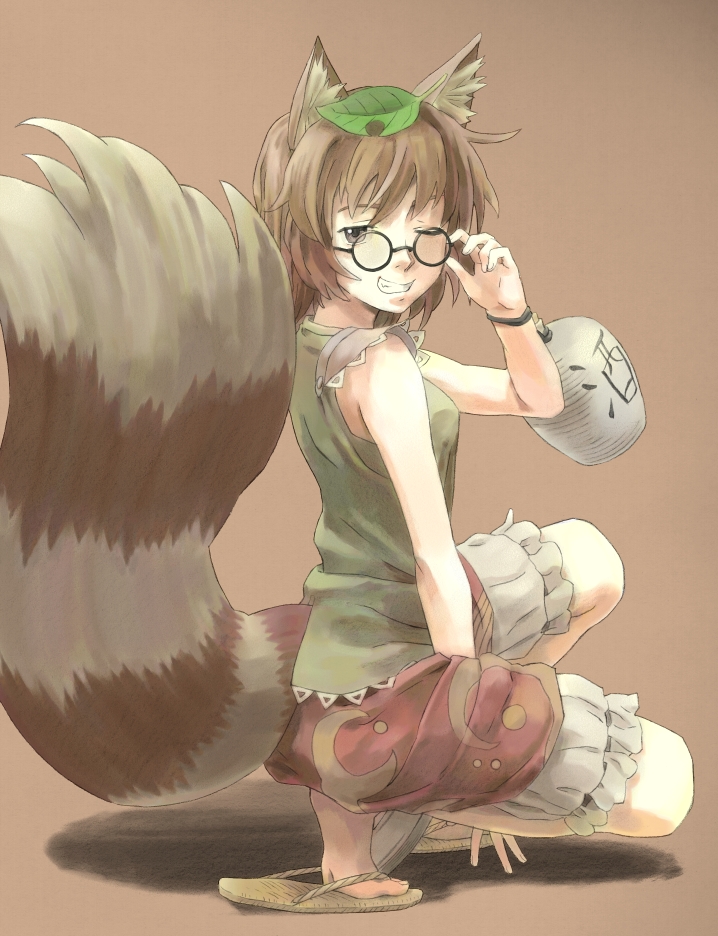 animal_ears bare_shoulders bloomers bottle brown_eyes brown_hair futatsuiwa_mamizou glasses grin leaf leaf_on_head nakajimayou no_socks raccoon_ears raccoon_tail sake_bottle sandals short_hair shota skirt sleeveless sleeveless_shirt smile solo squatting tail touhou wink