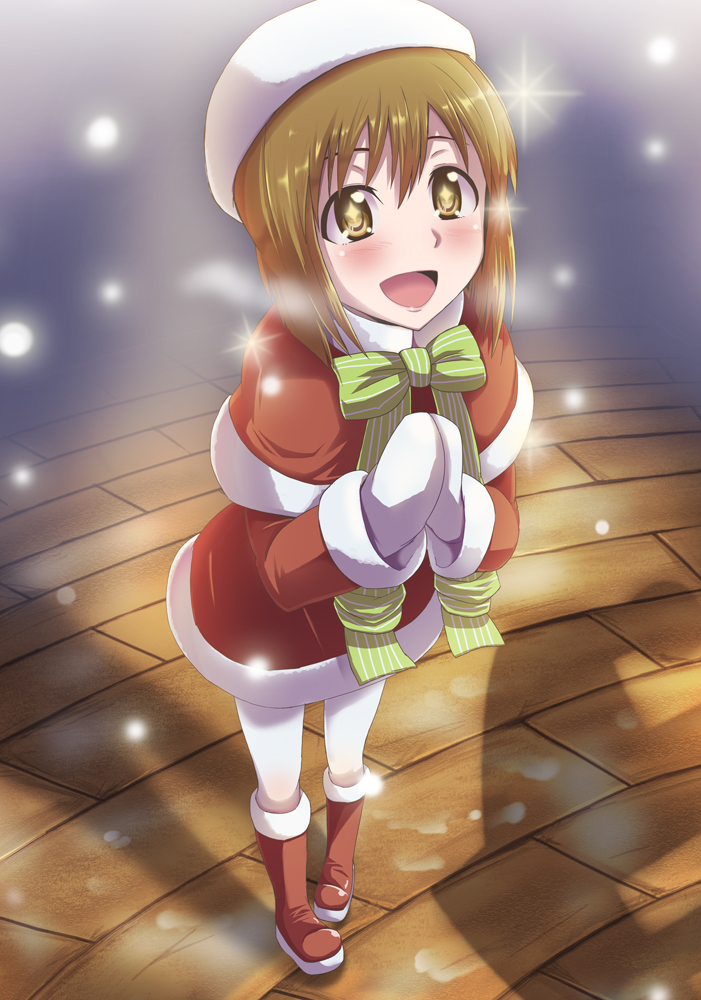 1girl beret boots bow brown_eyes brown_hair dan_(orange_train) from_above hagiwara_yukiho hands_together hat idolmaster mittens open_mouth pantyhose santa_boots short_hair smile solo
