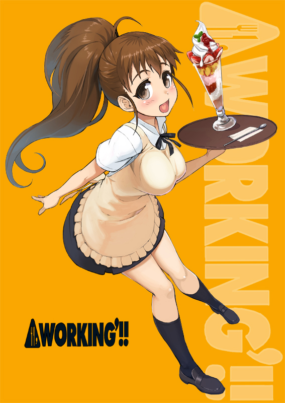 :d apron black_legwear blush breasts brown_eyes brown_hair english food heart heart_in_mouth ice_cream kneehighs large_breasts loafers ookuma_(nitroplus) open_mouth parfait ponytail ribbon shoes smile solo spoon sundae taneshima_popura text title_drop tray uniform waitress working!!