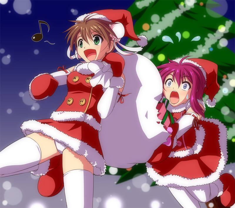 2gils bag blue_eyes blush boots bun_cover christmas christmas_tree digdug006 double_bun green_eyes harumi_minawa hat kanamori_reiko mittens multiple_girls open_mouth panties pantyhose sack santa_costume santa_hat short_hair skirt smile snow thigh-highs thighhighs underwear white_legwear white_panties wrestle_angels