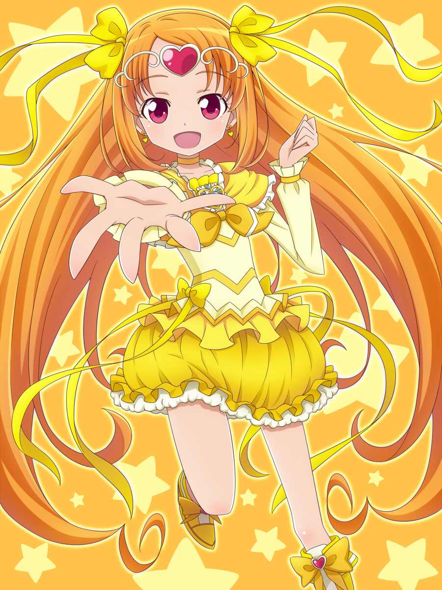 boots bow brooch bubble_skirt choker circlet cure_muse cure_muse_(yellow) dress frills hair_ribbon heart highres jewelry long_hair magical_girl orange_background orange_hair outstretched_hand pikuharu precure red_eyes ribbon shirabe_ako smile solo star starry_background suite_precure yellow yellow_dress