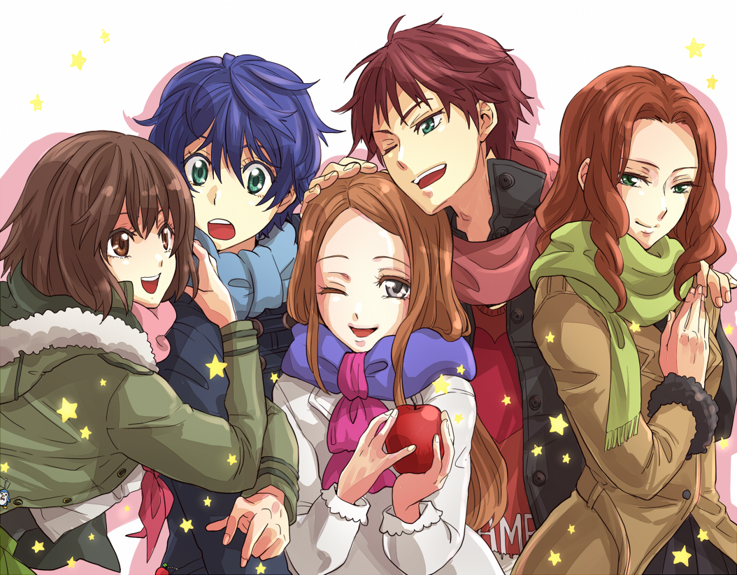 3girls apple arm_hug bird blue_hair brown_eyes brown_hair casual couple food fruit green_eyes grey_eyes holding holding_apple holding_fruit jacket mawaru_penguindrum multiple_boys multiple_girls natsume_masako oginome_ringo open_mouth penguin red_hair redhead scarf school_uniform serafuku short_hair smile takakura_himari takakura_kanba takakura_shouma tsukasa_(mooncry)