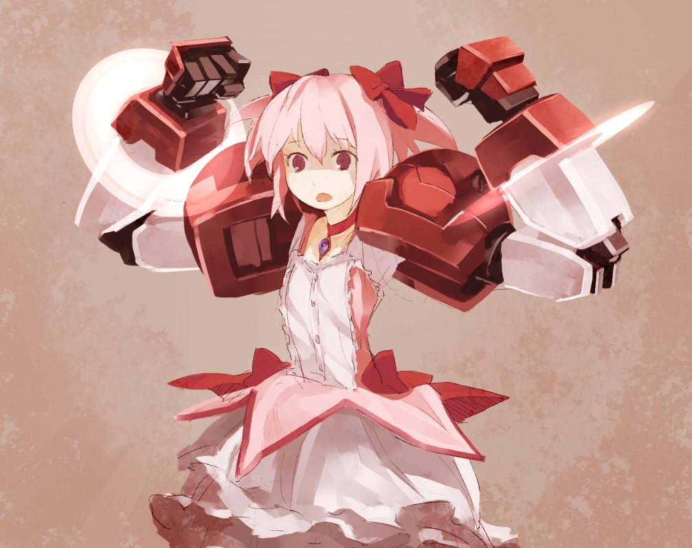 arms_up bow bubble_skirt choker dress fusion gundam gundam_age gundam_age-1 gundam_age-1_titus hair_bow kaname_madoka looking_at_viewer magical_girl mahou_shoujo_madoka_magica mecha_musume mechanical_arms mechanical_legs open_mouth pink_dress pink_eyes pink_hair pose shihou_(g-o-s) short_twintails solo twintails