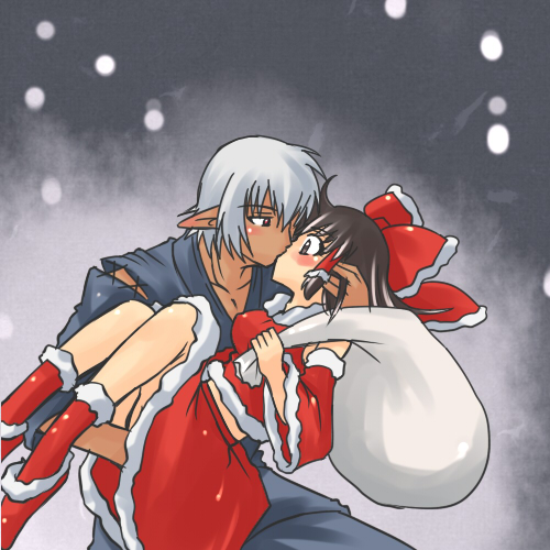 1girl ass_grab bare_shoulders black_hair blue_eyes blush bow buront carrying christmas couple dark_elf dark_skin detached_sleeves elf elvaan final_fantasy final_fantasy_xi hair_bow hair_tubes hakurei_reimu japanese_clothes kiss koraku_gekki long_hair lowres miko pointy_ears princess_carry red_eyes sack santa_costume short_hair silver_hair skirt the_iron_of_yin_and_yang touhou