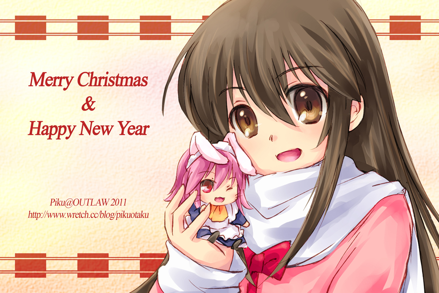 brown_eyes chibi christmas happy_new_year long_hair merry_christmas minigirl new_year piku scarf shakugan_no_shana shana wilhelmina_carmel wink